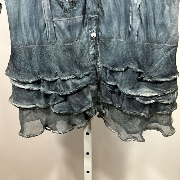 PARSLEY & SAGE Women's Cotton Embroidered Ruffle Button Down Shirt Blue Small - Picture 6 of 15